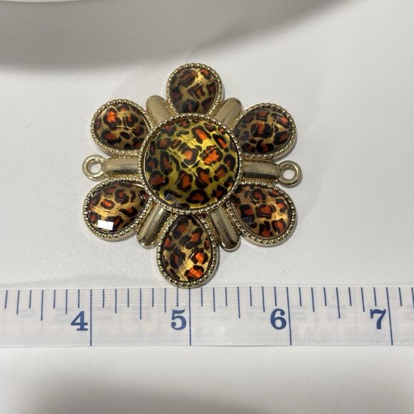 Vintage Leopard Print Cabochon Flower Pendant Connector Gold Tone 2” - Picture 5 of 5